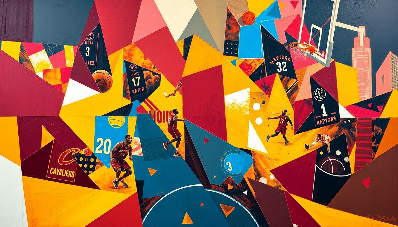 A cubist, geometric painting depicting the dynamic action of an NBA playoff basketball game, with overlapping planes of wine, gold, red, and black colors representing the Cavaliers and Raptors players in motion.
