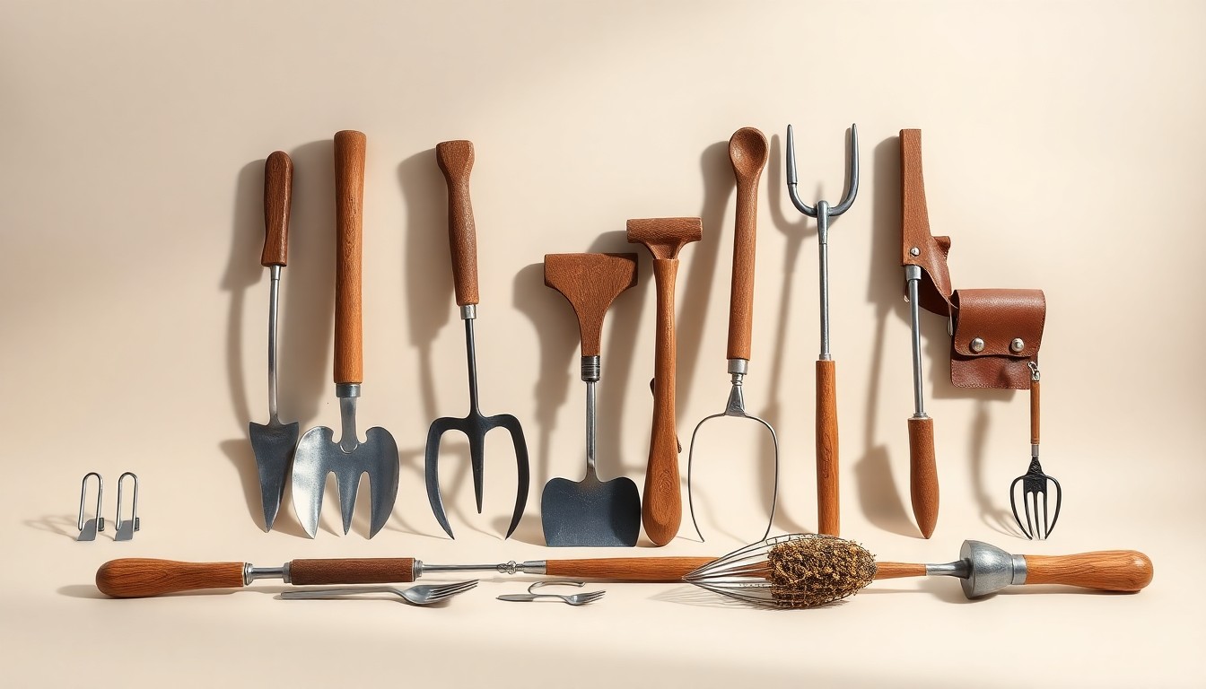 A high-end, photorealistic studio still-life photograph featuring a collection of polished, geometric farm tools and equipment arranged elegantly on a clean, monochromatic background, conceptually representing the importance of preserving agricultural land in Georgia.