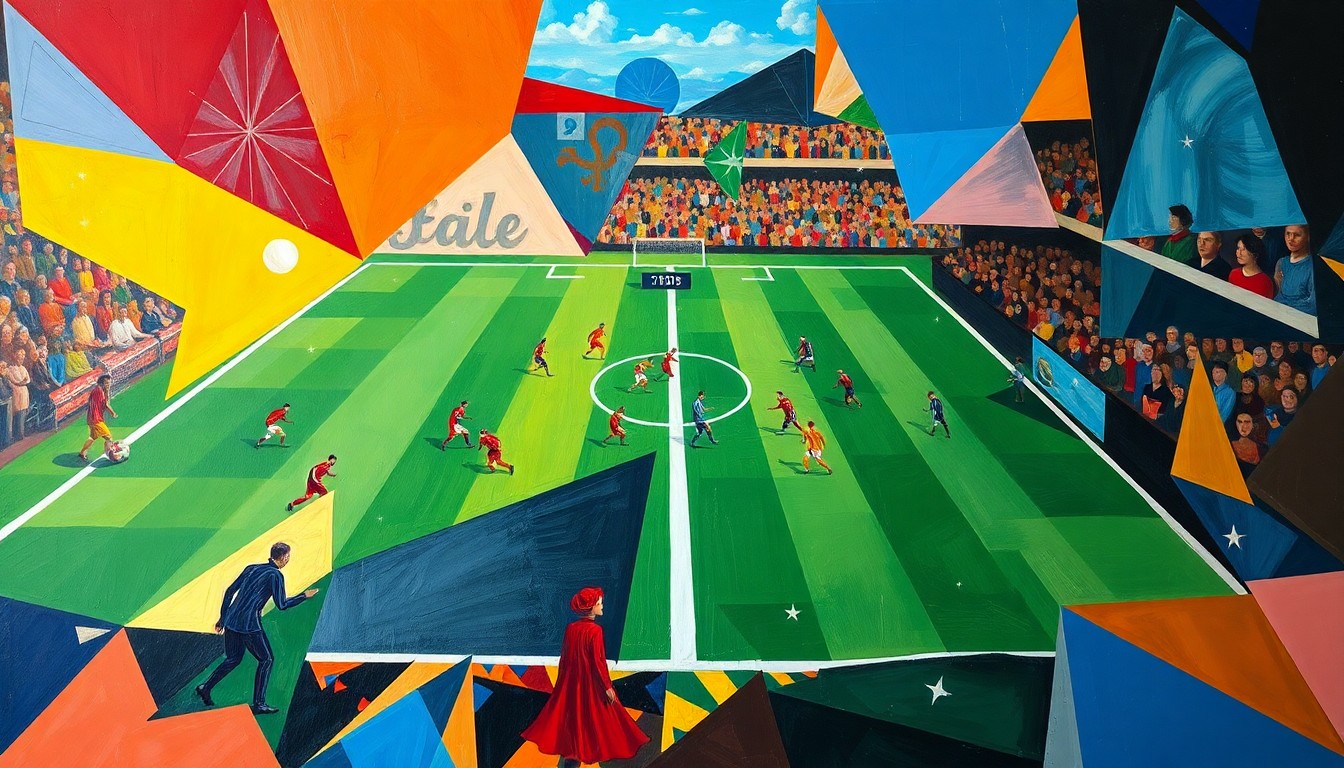 A fragmented, geometric painting depicting football players and a field broken down into sharp, overlapping planes of color, capturing the raw energy and movement of the game in an abstract, artistic style.