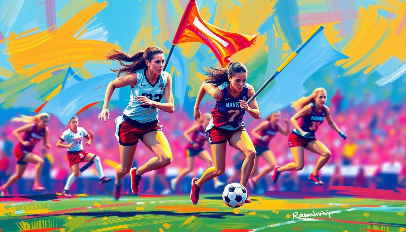 An abstract painting in vibrant neon colors, with rapid brushstrokes conveying the dynamic motion and energy of a women's flag football game.