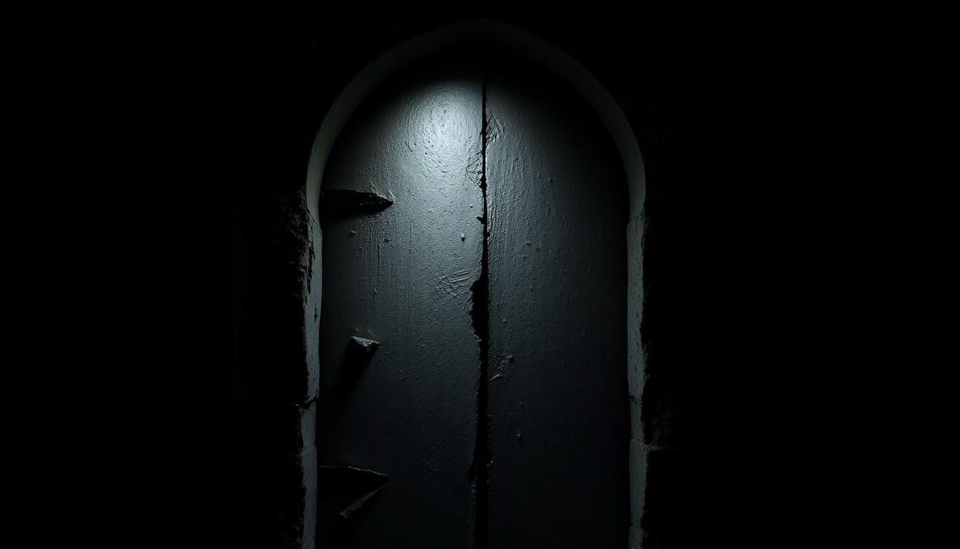 An extreme close-up photograph of a damaged, ancient-looking stone crypt or mausoleum door, lit by a harsh, direct camera flash against a pitch-black background, conveying a somber, investigative mood without depicting any actual violence or victims.