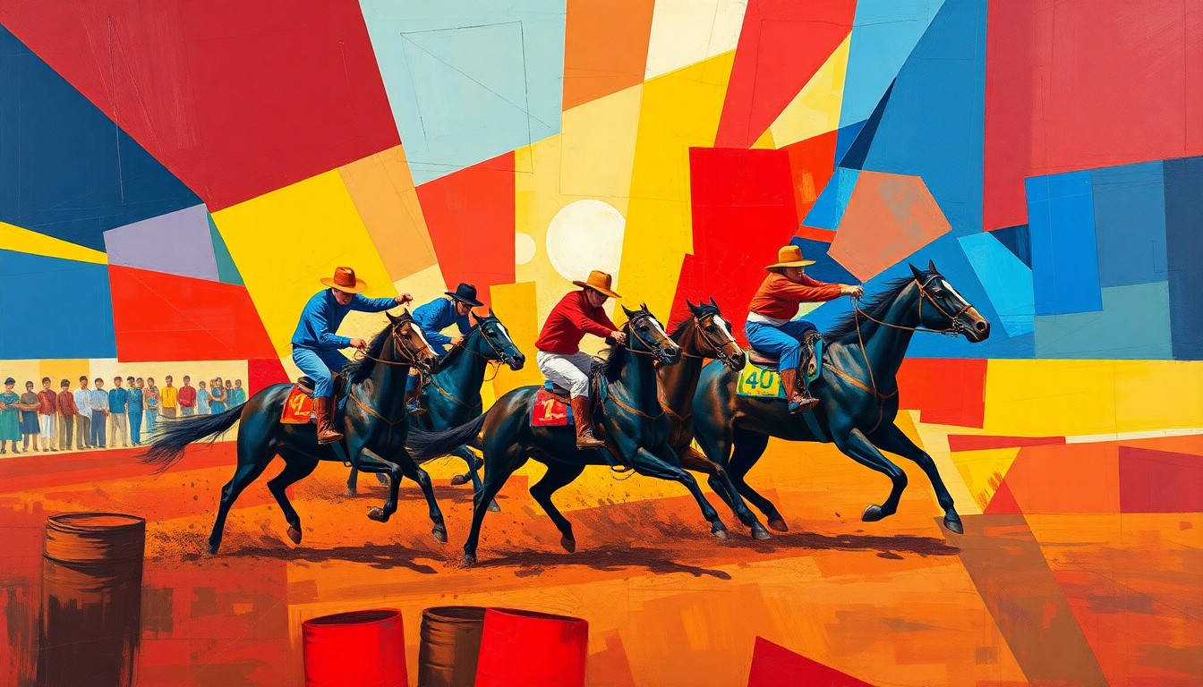 A fractured, multi-perspective painting in vibrant colors of red, blue, and yellow, depicting the dynamic movements and overlapping perspectives of a barrel racing competition.