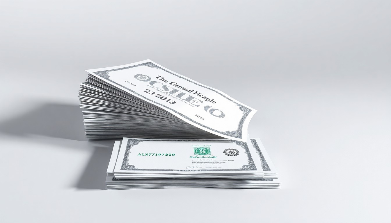 A high-end, photorealistic studio still-life photograph featuring a stack of stock certificates and financial documents arranged elegantly on a clean, monochromatic background, conceptually representing an investigation into corporate strategy and finance.