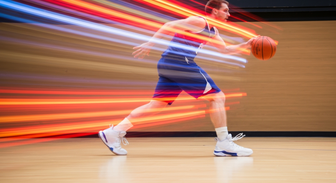An abstract, sweeping image of a basketball player in motion, with vibrant streaks of color and a sense of energy and dynamism, conveying the NBA's transformation into a global powerhouse.