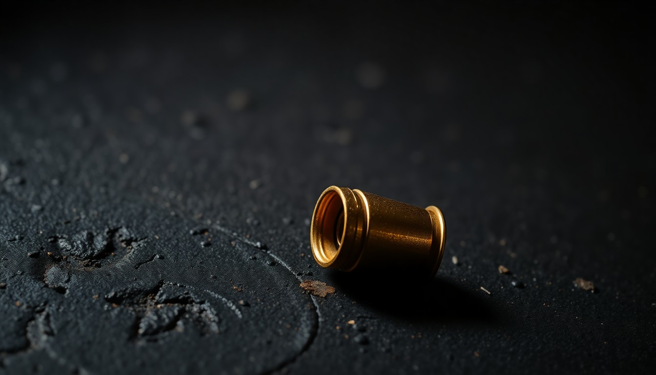 An extreme close-up photograph of a single spent shell casing on a dark, textured surface, lit by a harsh, direct camera flash, conceptually representing the physical remnants of a shooting incident.
