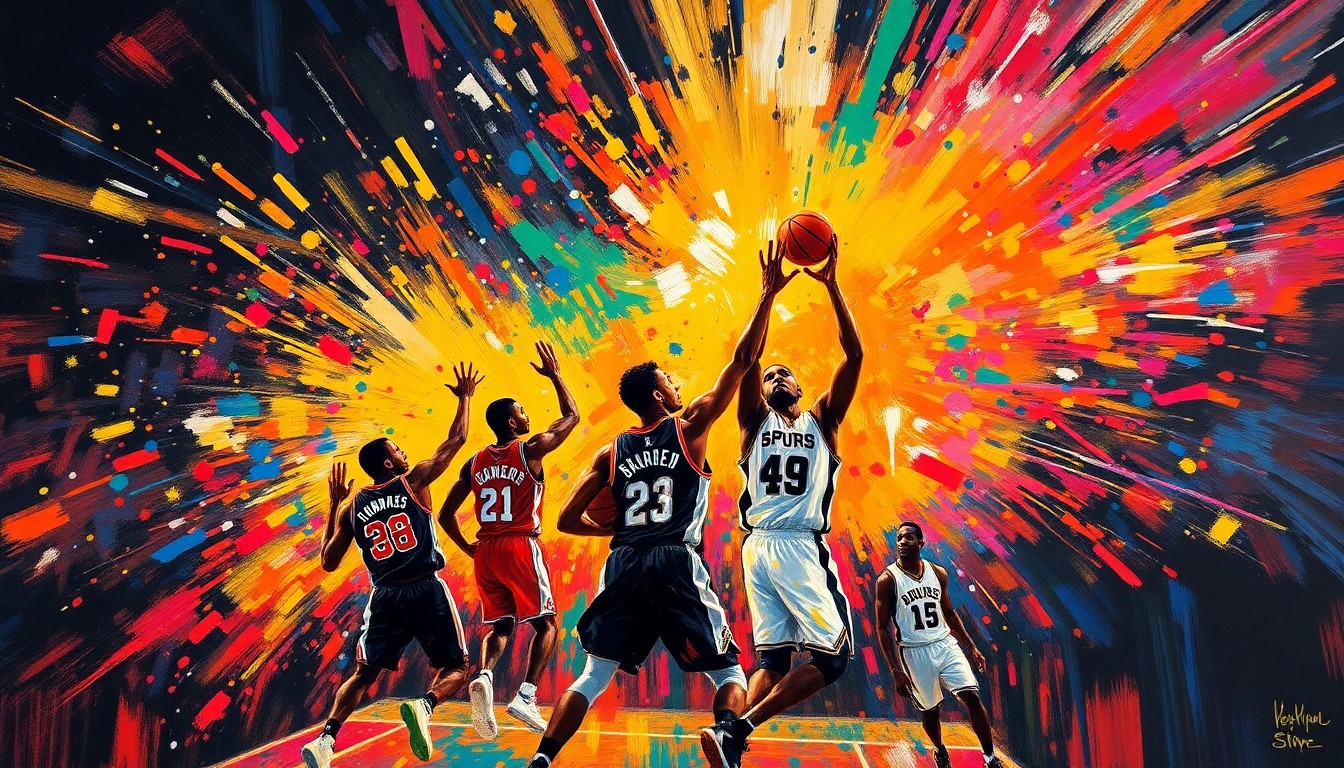 An abstract expressionist painting in vibrant neon colors, with rapid brushstrokes and fragmented, indistinct figures representing the excitement and energy of a Spurs playoff game.
