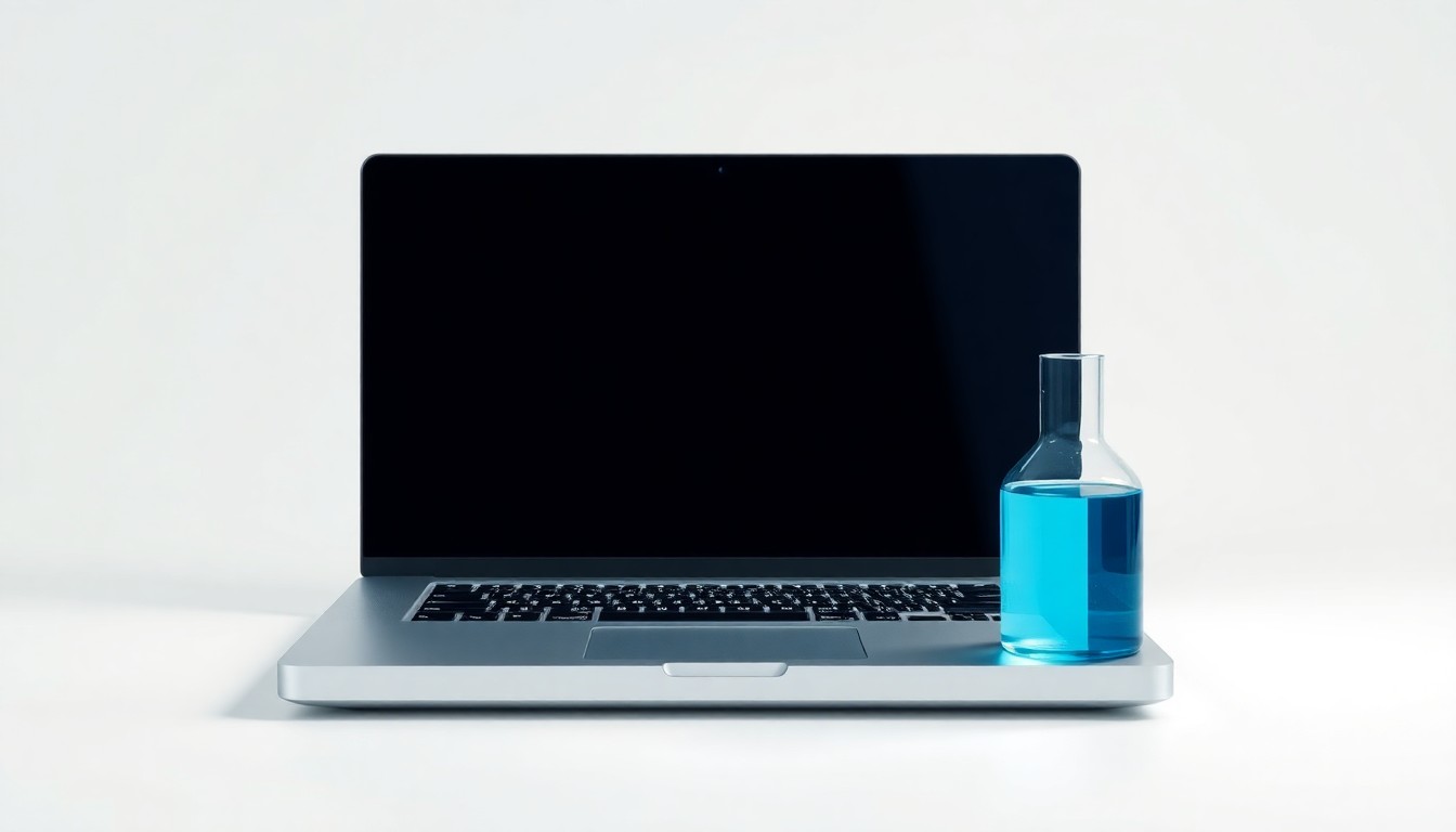 A high-end, photorealistic studio still-life photograph featuring a sleek, metallic laptop computer and a glass beaker filled with a vibrant blue liquid, arranged elegantly on a clean, white seamless background, conceptually representing the intersection of advanced software, AI, and scientific research.