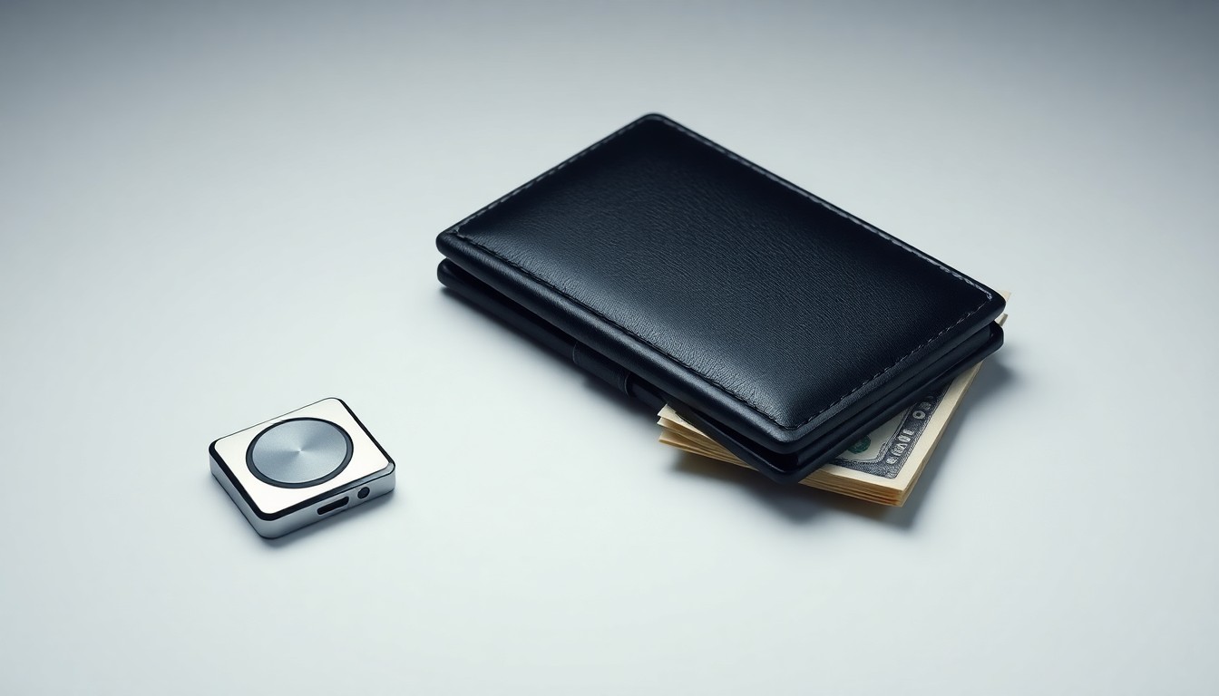 A high-end, photorealistic studio still-life photograph featuring a polished metal authentication device, a sleek digital wallet, and a stack of currency, all arranged elegantly on a clean, monochromatic background, conceptually representing the convergence of physical and digital security in the financial industry.