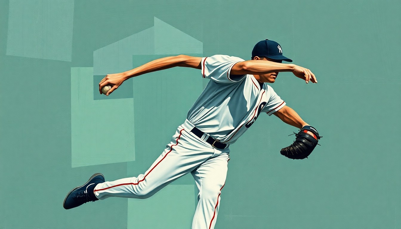 A fragmented, abstract painting depicting a baseball pitcher's motion broken down into sharp, angular geometric shapes in muted earth tones, conveying the frustration and desperation of a team in the midst of a losing streak.