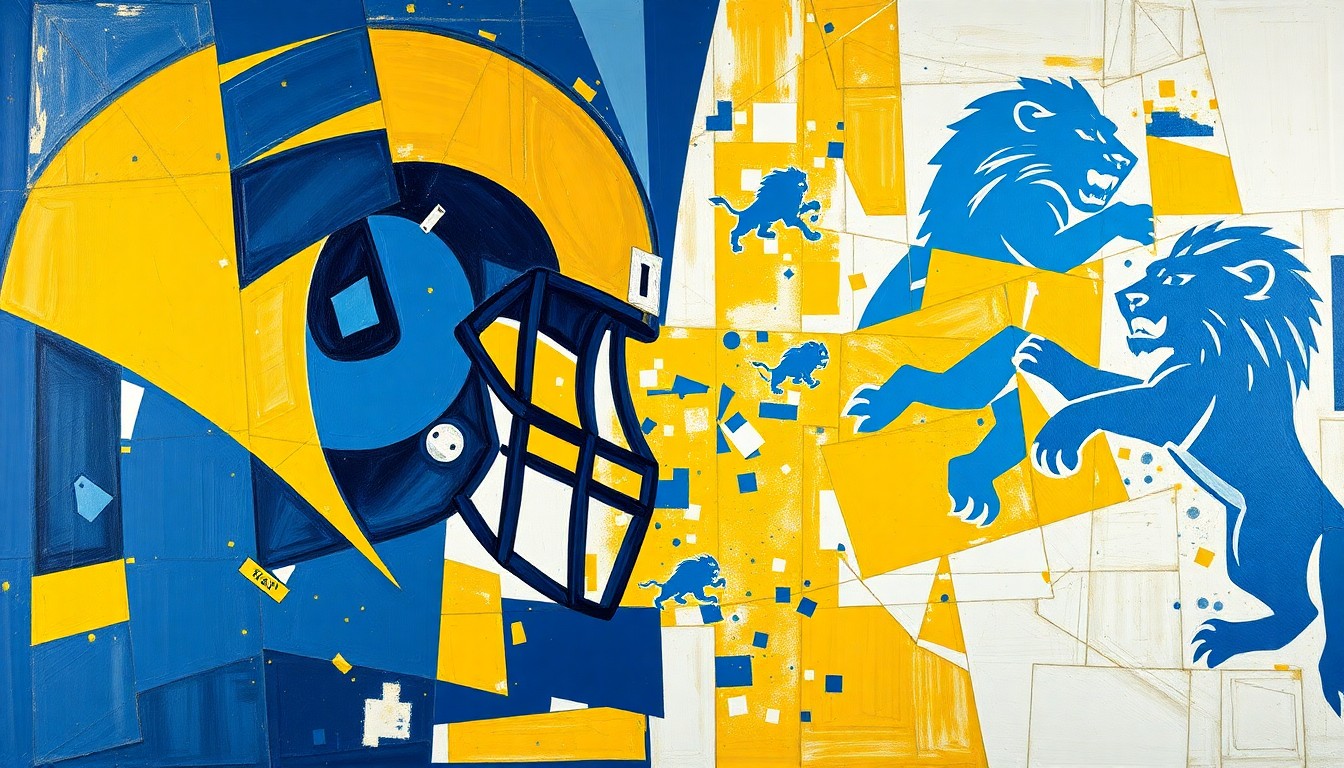A cubist, geometric painting depicting fragmented football players and draft prospects, using the colors of the Los Angeles Rams and Detroit Lions to conceptually represent the strategic trade between the two teams.