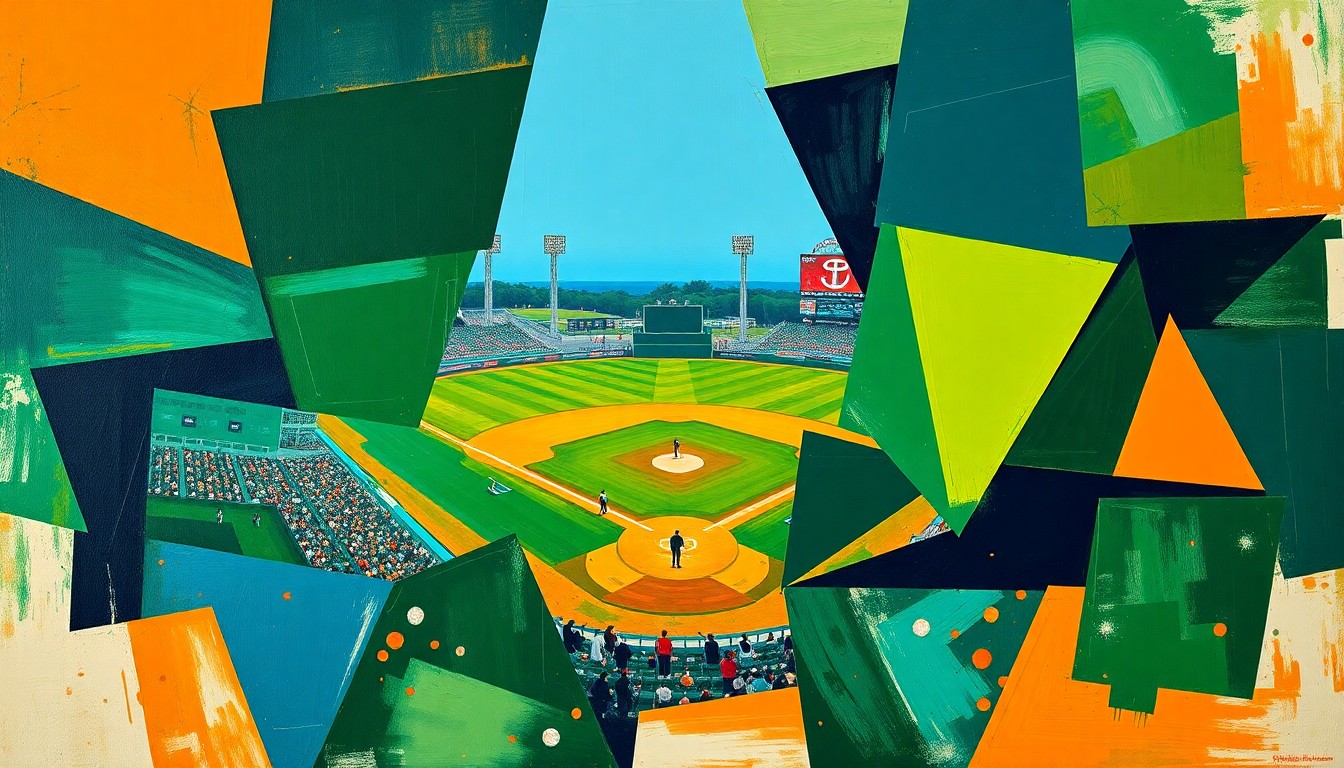 A fragmented, geometric painting depicting the chaotic final moments of a baseball game, with overlapping planes of color and shape representing the action on the field.