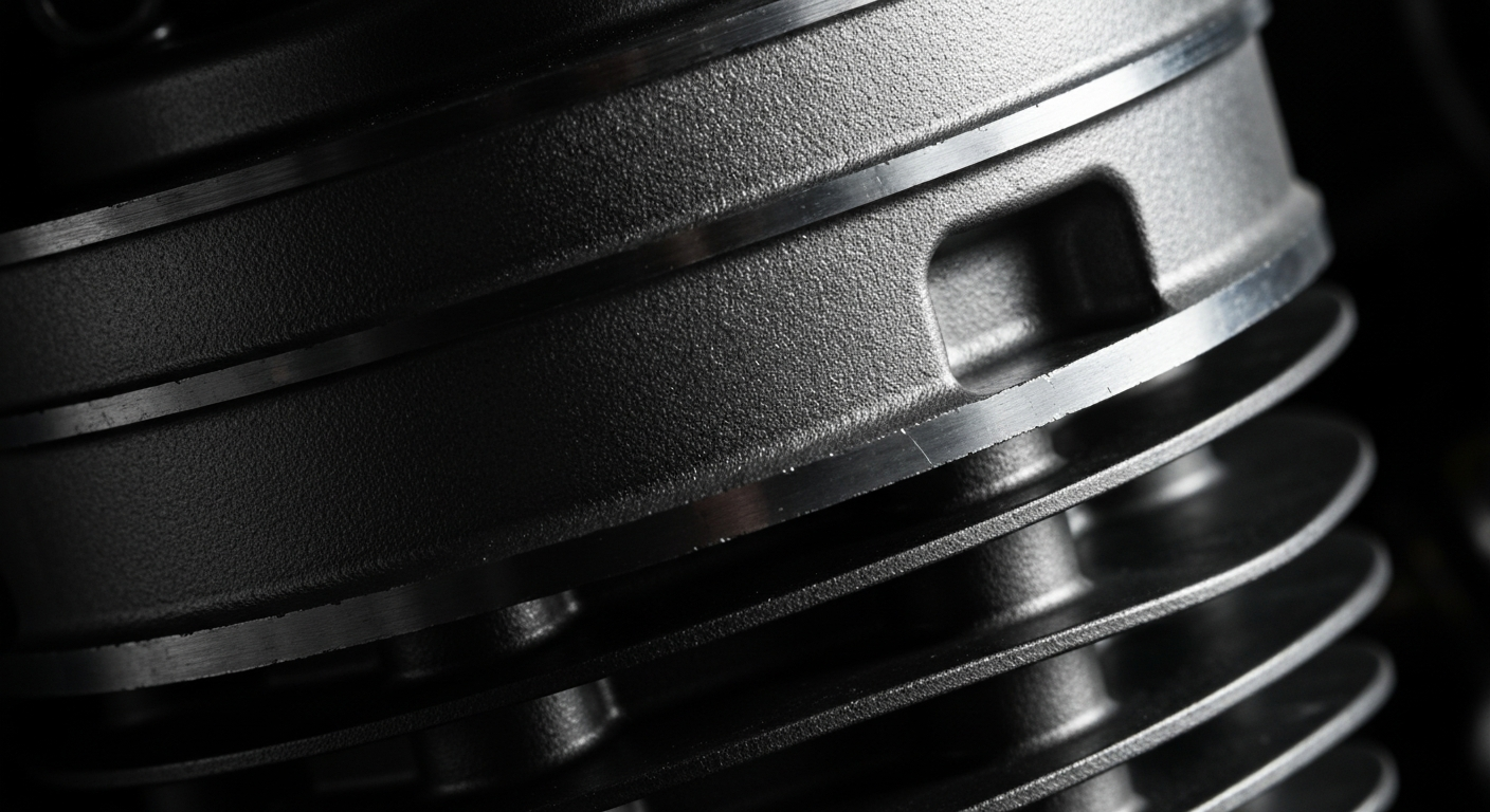 An extreme close-up of a textured motorcycle engine part, such as a piston or cylinder head, captured in dramatic lighting and high contrast, conveying the importance of proper engine maintenance.