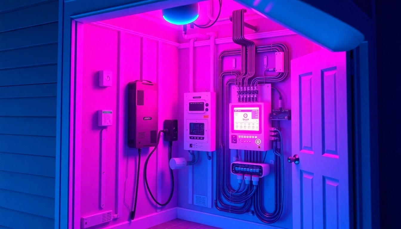 A highly detailed, glowing 3D illustration of a home's electrical panel and smart home automation system, bathed in neon cyan and magenta lights, conceptually representing the complex digital infrastructure behind PACE financing programs.
