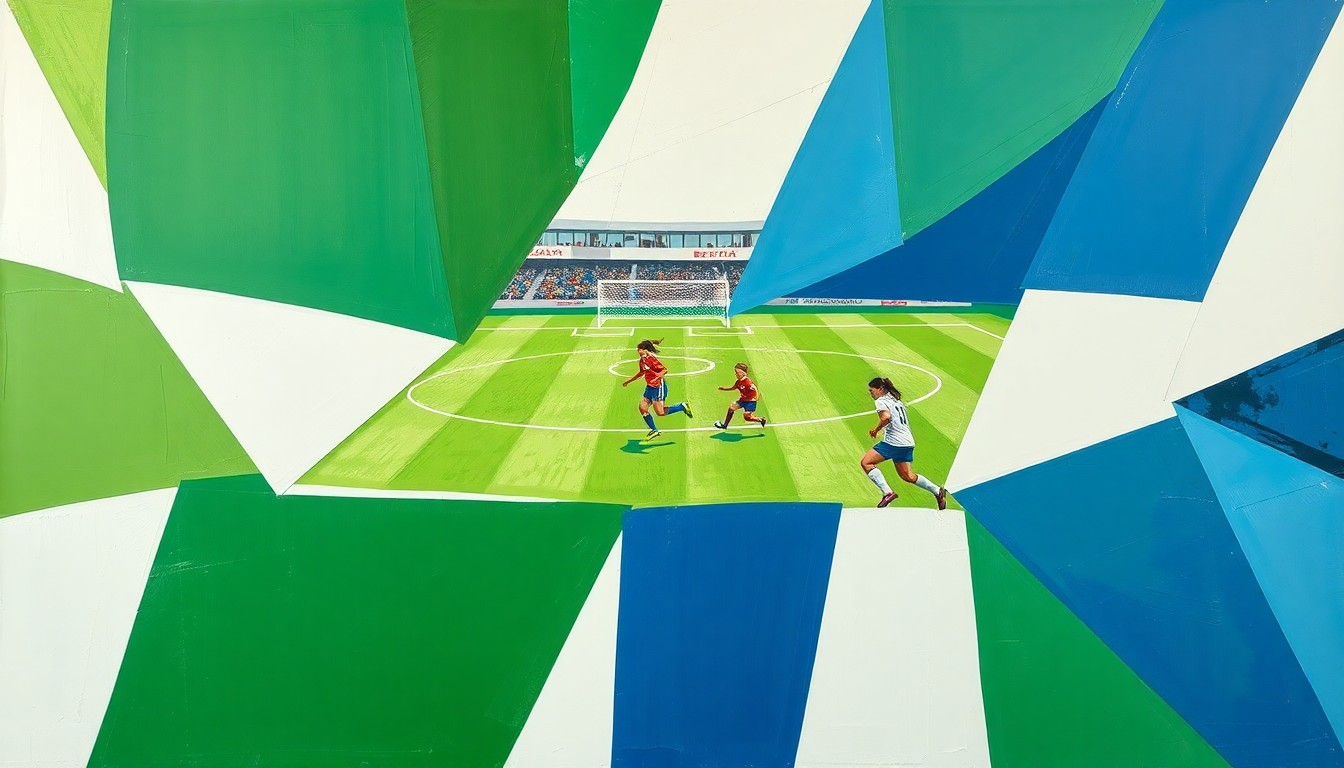 A fragmented, geometric painting depicting the chaotic energy and competing perspectives of a girls soccer match, with sharp planes of green, white, and blue representing the field, players, and ball.