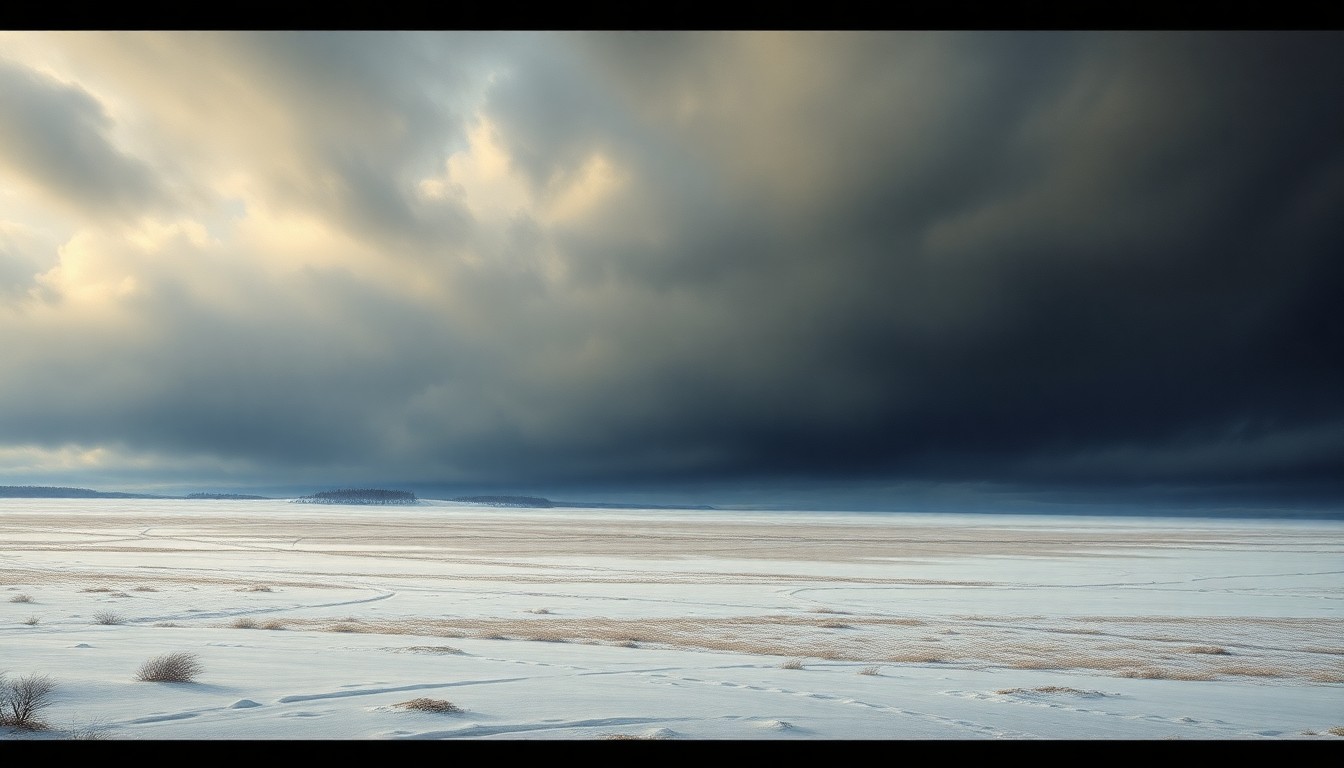 A sweeping, atmospheric landscape painting in muted tones of gray, white, and blue, depicting a frozen, snow-covered field under a heavy, overcast sky, conveying the overwhelming power and scale of the natural world.