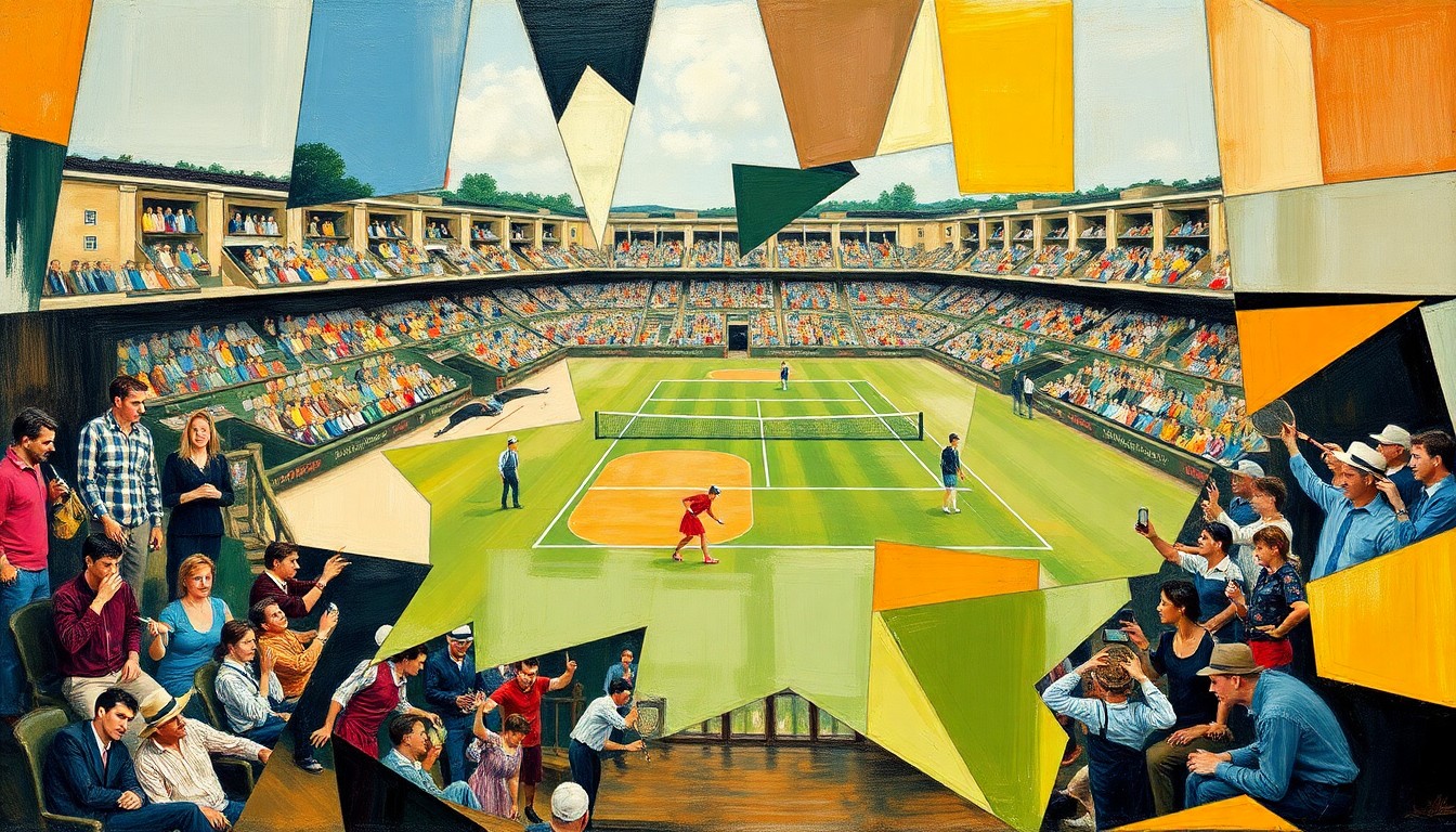 A cubist, geometric painting depicting a tennis match or competition, with sharp, overlapping planes of color and form, capturing the dynamic energy and movement of the sport.
