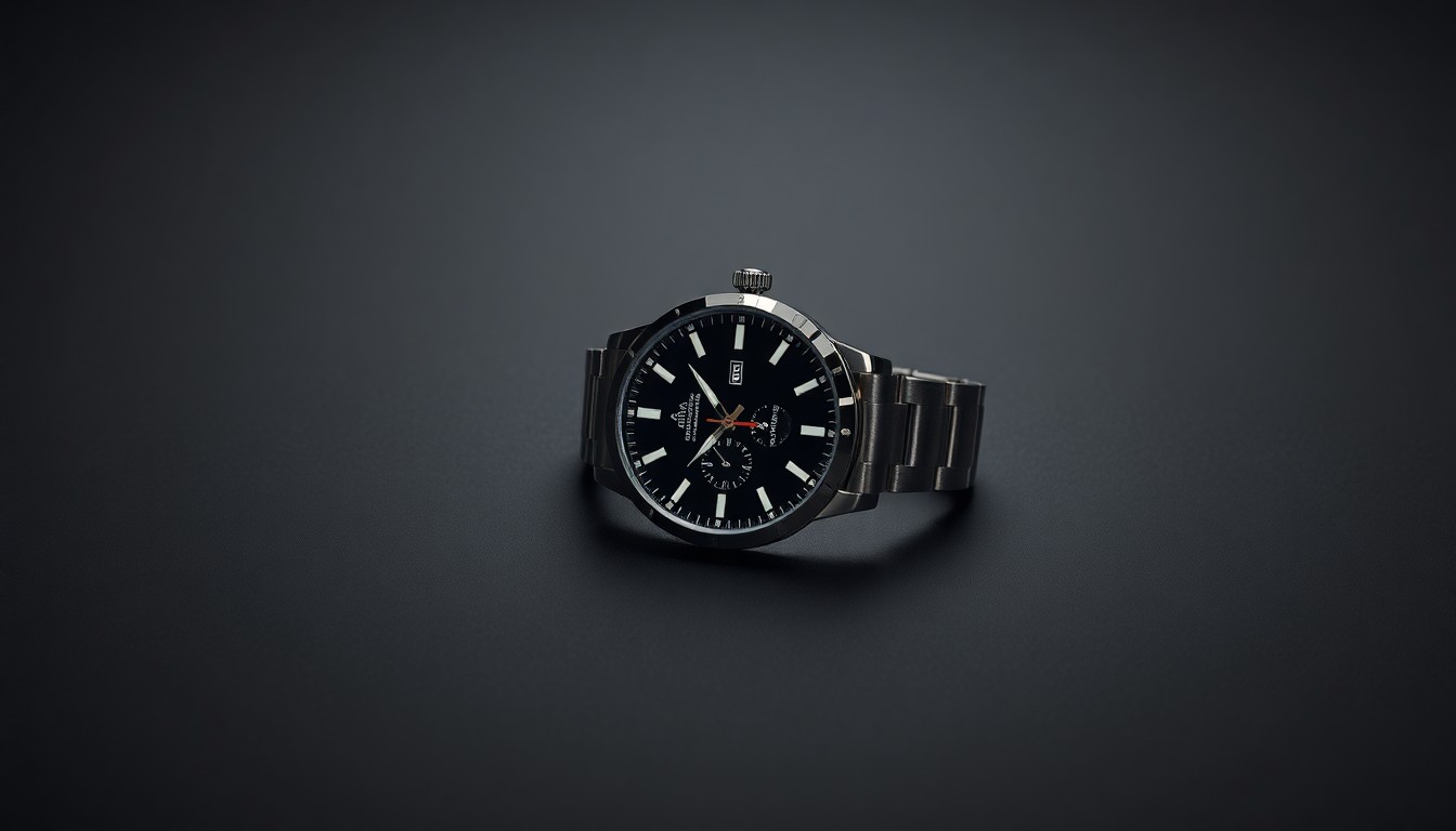 A photorealistic studio still life of a single luxury watch resting on a dark gray background, using dramatic lighting and shadows to symbolize the abstract concepts of corporate fraud and financial risk in the luxury goods market.