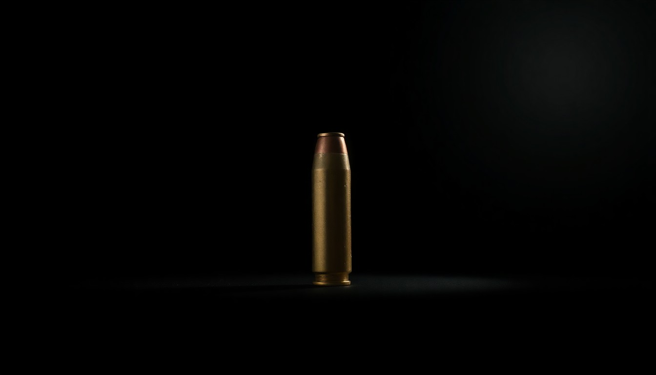 An extreme close-up photograph of a single bullet casing on a dark background, lit by a harsh, direct camera flash, conceptually illustrating the discovery of firearms on a high school campus.