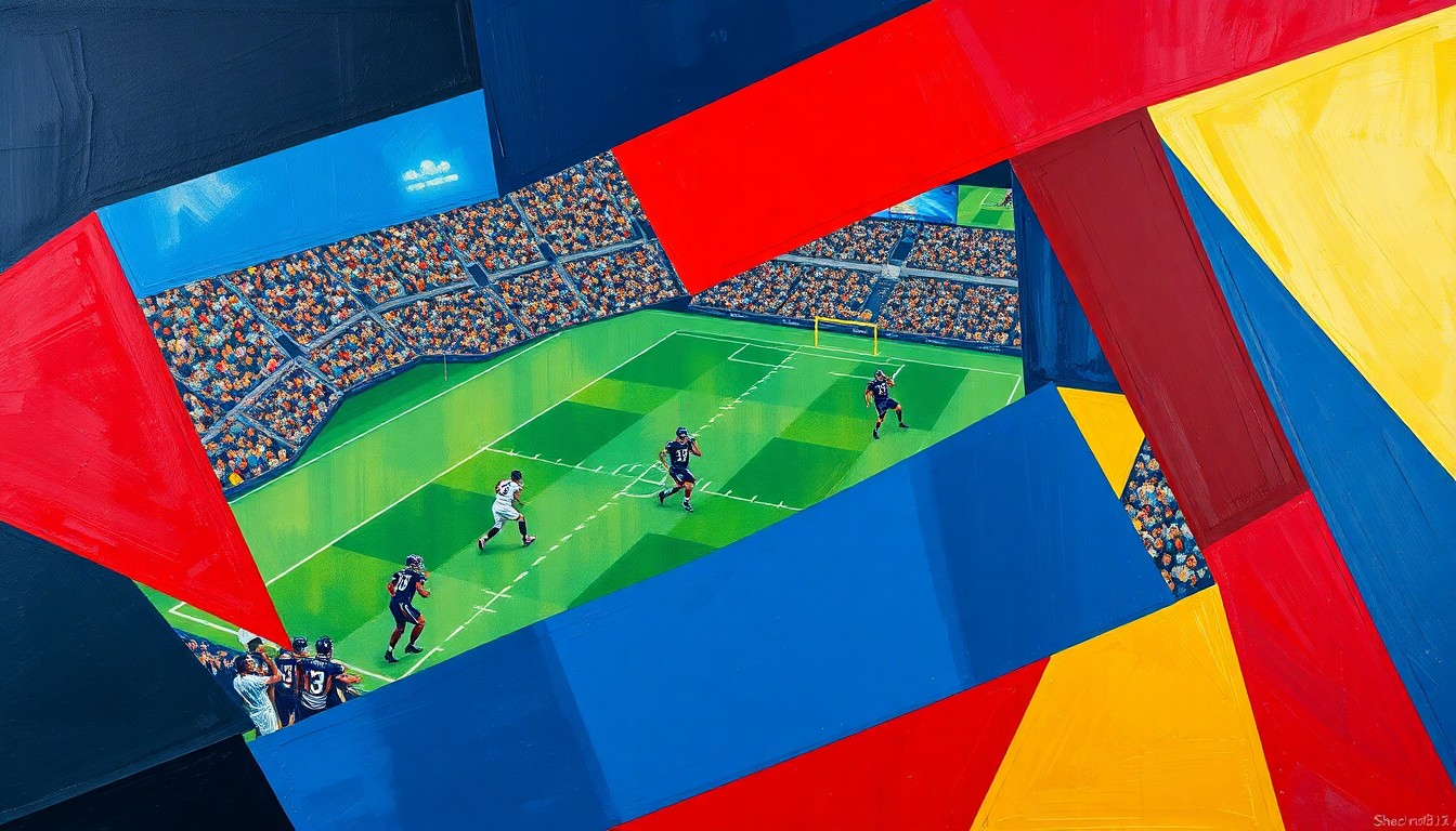 A fragmented, cubist-style painting depicting various football elements like players, a ball, and field lines, all broken down into sharp, angular shapes and planes in a vibrant color palette.
