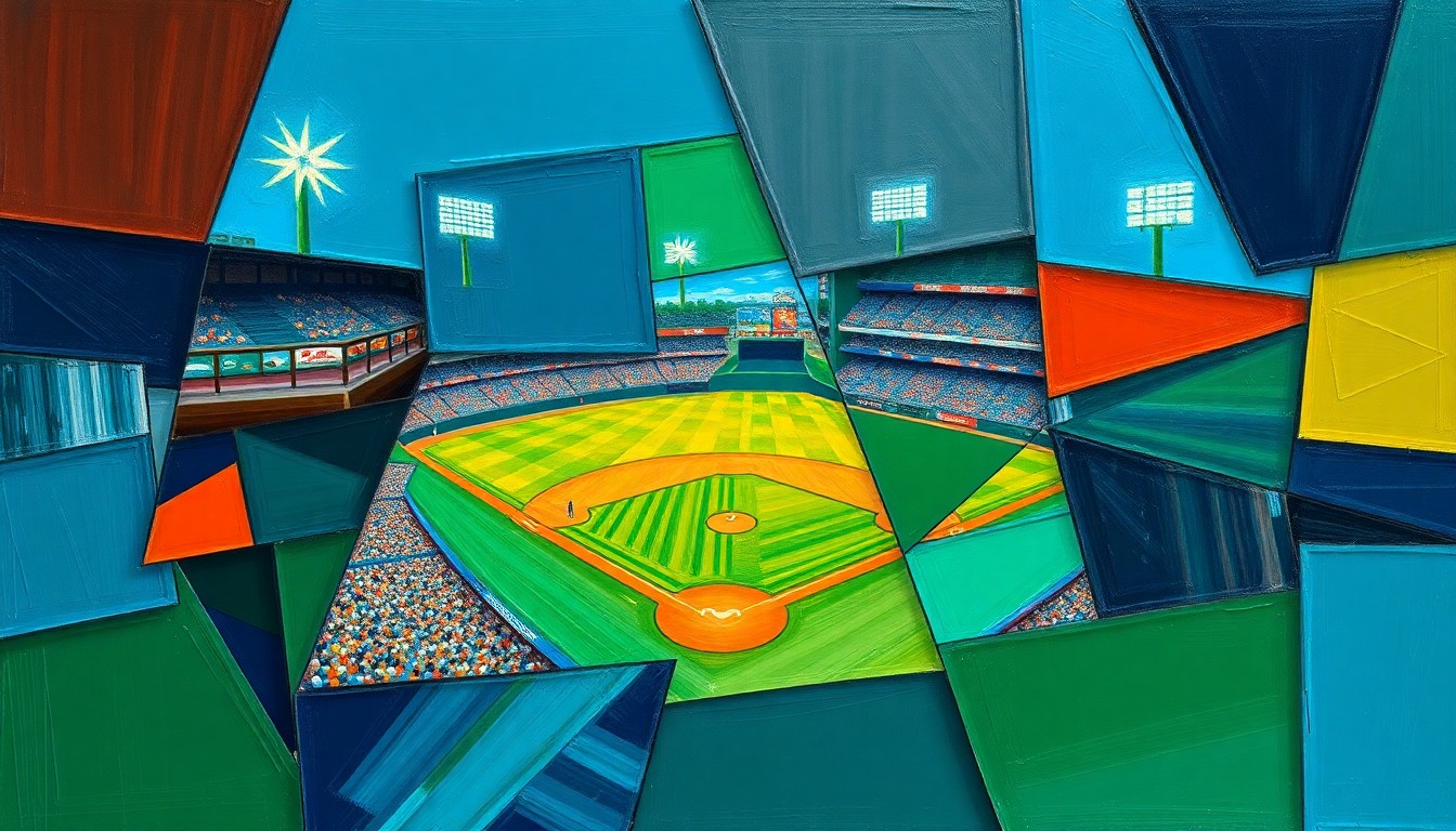 A fragmented, geometric painting in bold colors depicting the dynamic movements and competitive spirit of a baseball game.