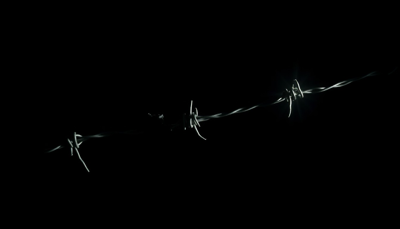 An extreme close-up photograph of a broken piece of barbed wire fence, lit by a harsh, direct camera flash against a pitch-black background, conceptually representing the violent confrontation between protesters and police at the Ridglan Farms facility.