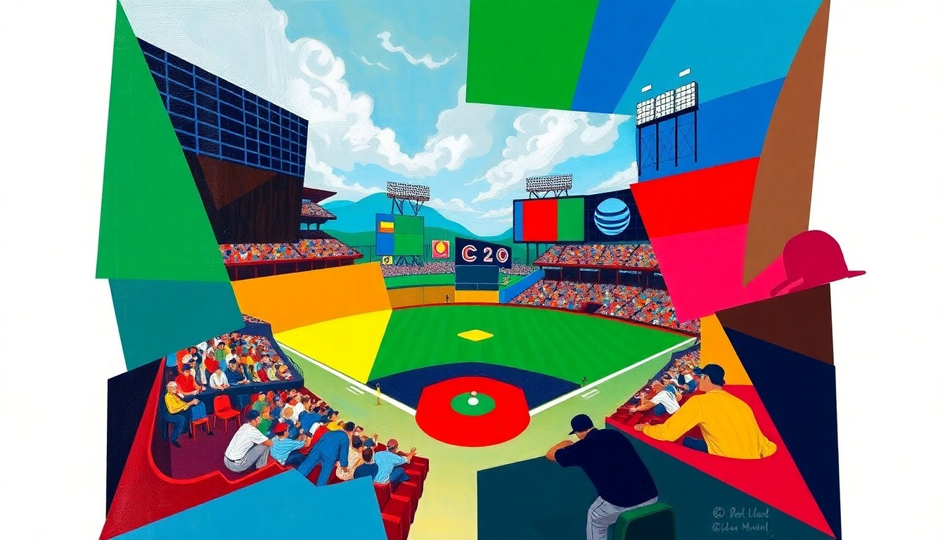 A cubist, geometric painting depicting a baseball game broken down into overlapping planes of color, representing the dynamic action and energy of the Morningside-Mount Marty matchup.