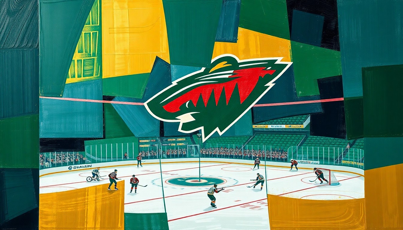 A fractured, multi-perspective painting breaking down a hockey game into sharp, overlapping geometric planes of green, gold, and blue, conceptually representing the Minnesota Wild's decisive playoff victory.