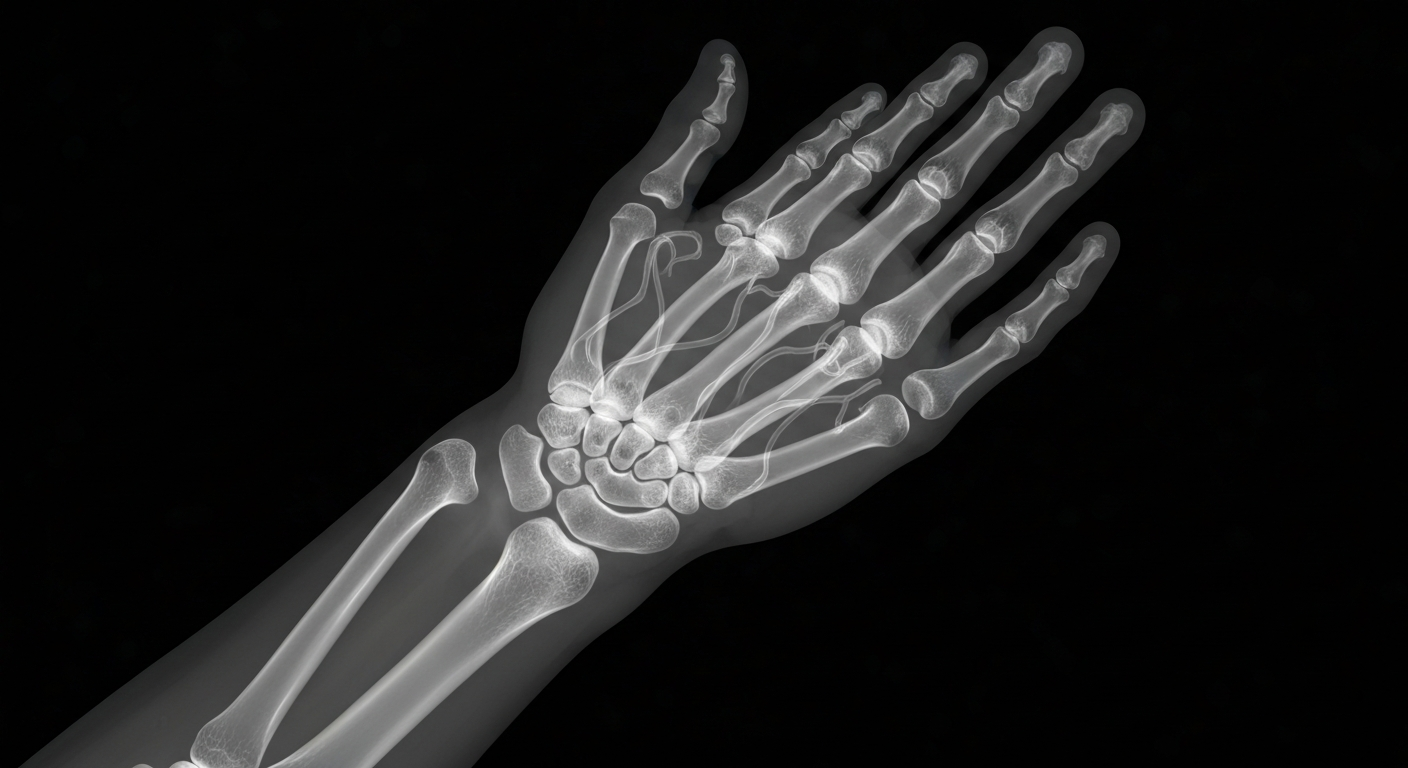 An extreme close-up X-ray photograph showing the translucent bones and veins of a human hand against a dark background, conceptually representing the hidden dangers of a dangerous synthetic opioid.