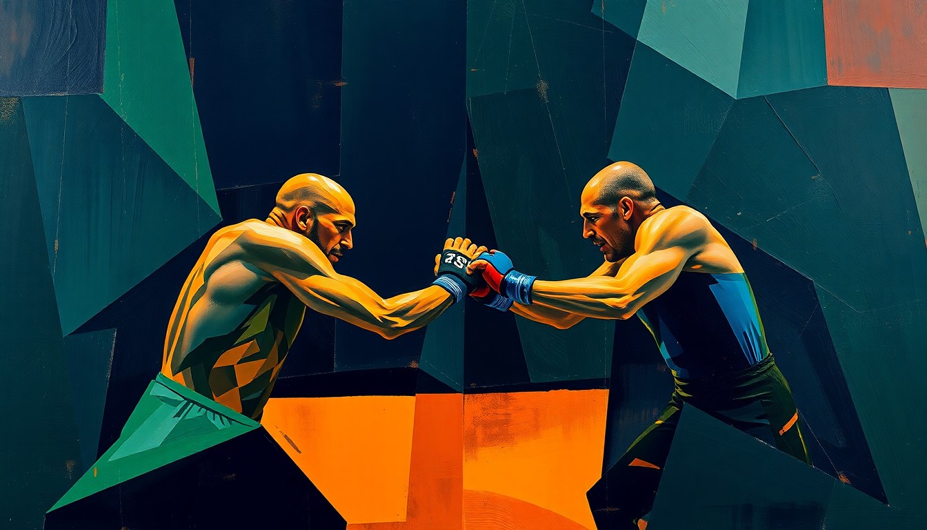A cubist, geometric painting depicting an MMA fight or wrestling match, with the figures and action broken down into sharp, overlapping planes of navy, green, and orange, creating a dynamic, fragmented visual representation of the athletic contest.