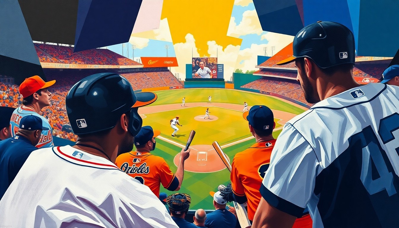 A fractured, geometric painting depicting the motion and intensity of a baseball game, with sharp planes of color representing the players and field.