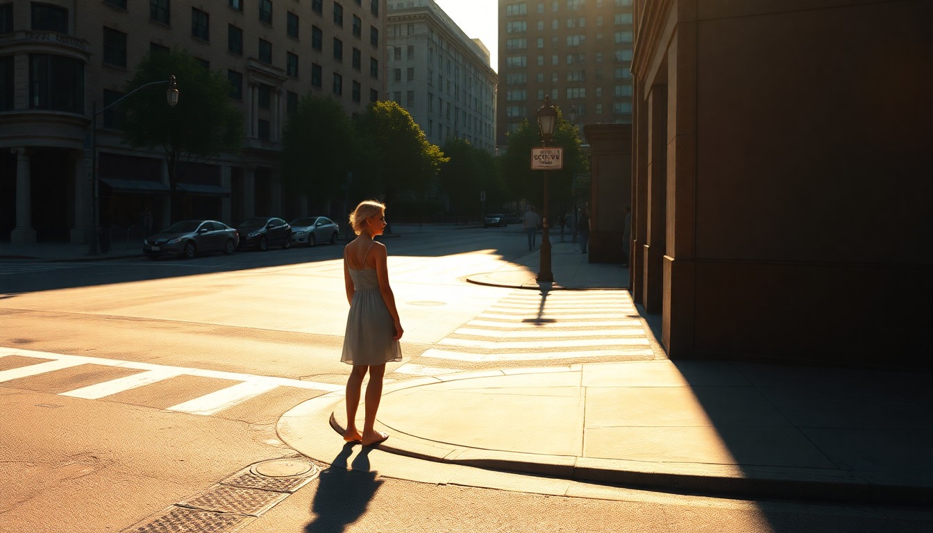 A photorealistic painting in the style of Edward Hopper, depicting a lone woman in a sundress standing on a quiet city street corner, with warm sunlight and deep shadows creating a contemplative, nostalgic mood.