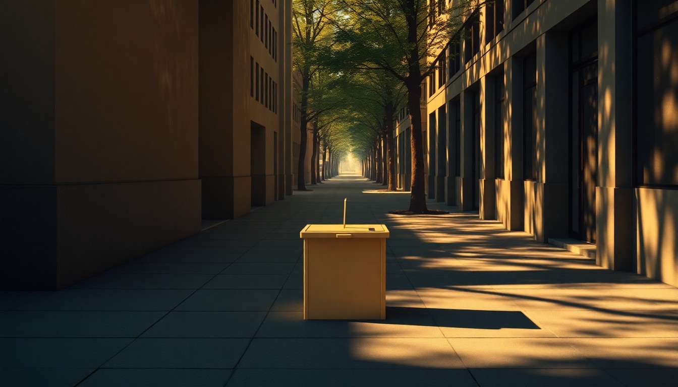 A detailed, photorealistic painting of a lone ballot box sitting on an empty city sidewalk, the box's metallic surface reflecting the warm glow of the afternoon sun and the surrounding urban landscape cast in deep, cinematic shadows.