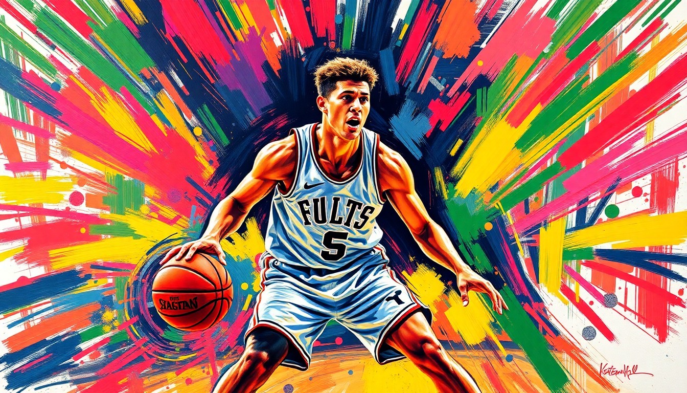 An abstract expressionist painting in vibrant neon colors, with rapid brushstrokes capturing the dynamic movements and energy of a basketball player on the court.