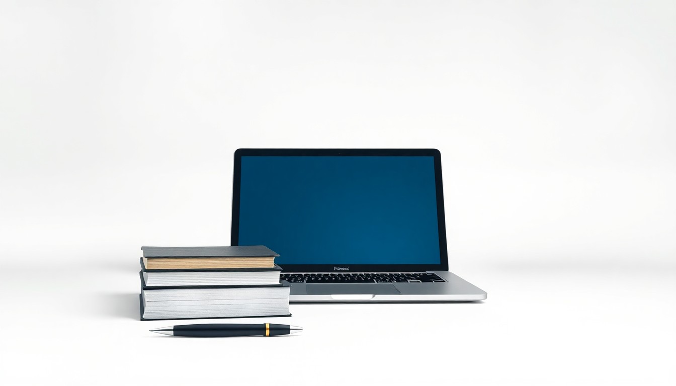 A photorealistic studio still life featuring a stack of textbooks, a laptop, and a pen arranged on a clean, white background, representing the digital transformation of higher education.