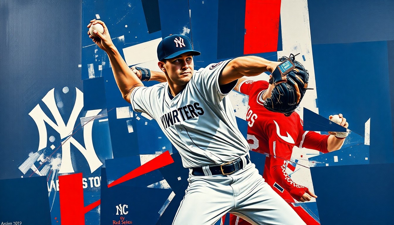 A fragmented, geometric painting depicting the motion and intensity of a baseball pitcher, with overlapping planes of navy, crimson, and white, conceptually representing the heated rivalry between the New York Yankees and Boston Red Sox.