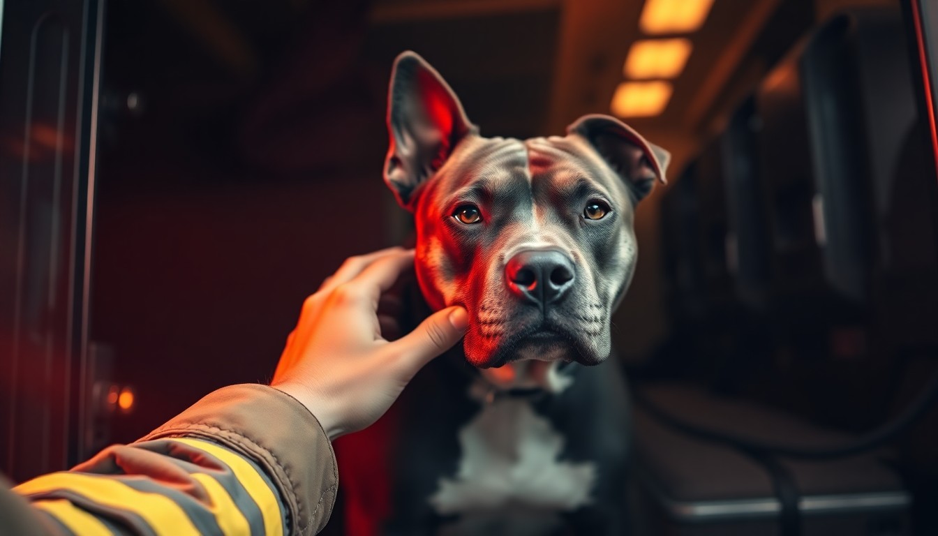 An abstract, out-of-focus photograph showing the gentle interaction between a firefighter's hand and a rescued dog, conveying a sense of warmth, care, and the special connection formed in the aftermath of a crisis.