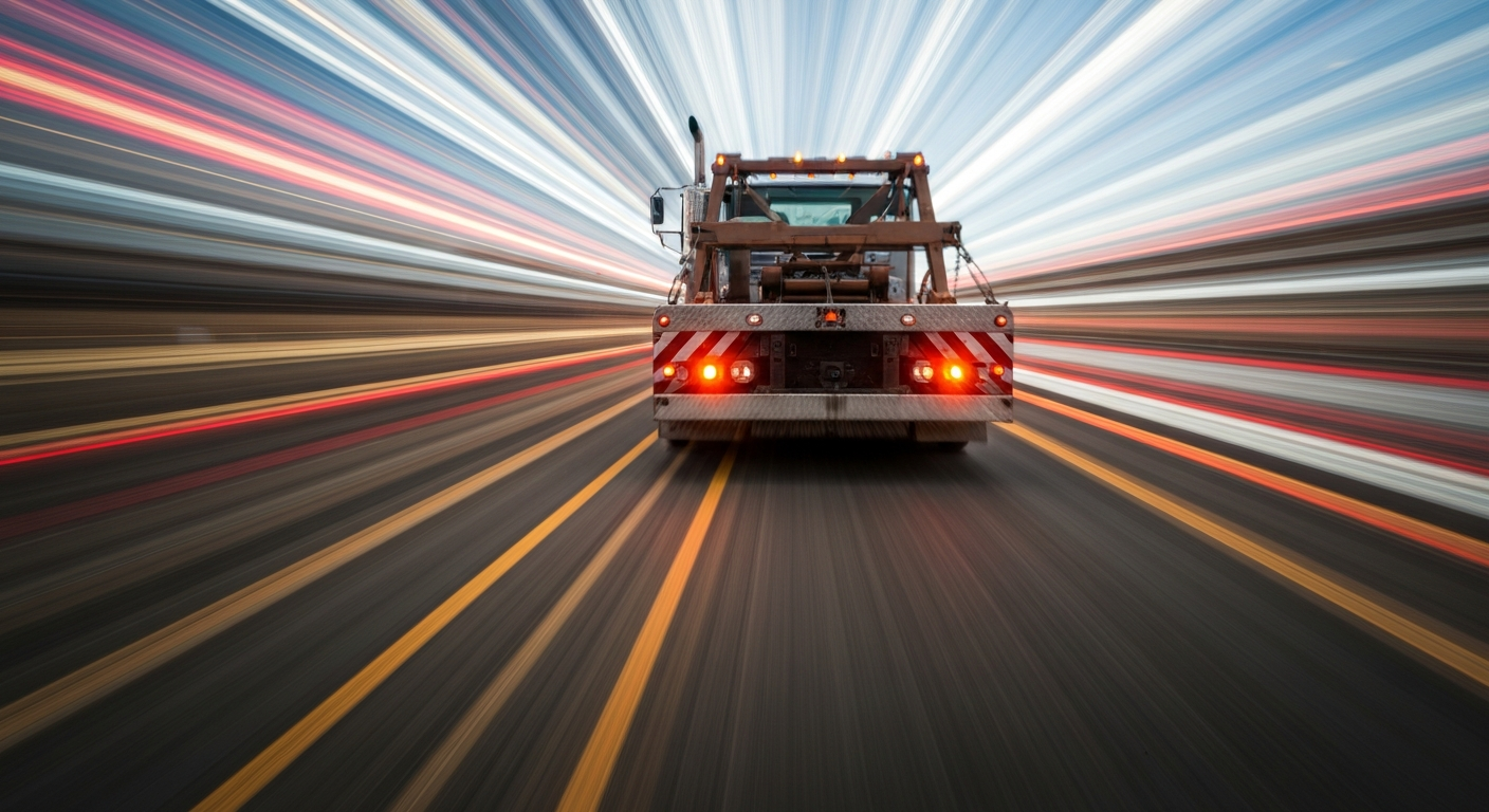 An abstract, colorful image created with a slow shutter speed, depicting the blurred motion of a tow truck, conveying a sense of speed, energy, and the tensions surrounding the auto body shop controversy.