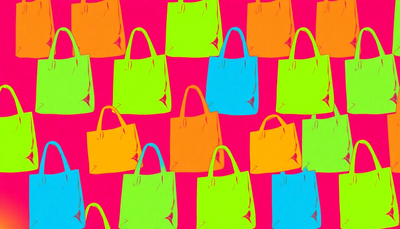 A brightly colored, high-contrast silkscreen print of a reusable grocery bag, repeated in a tight grid pattern in the style of Andy Warhol, conceptually representing the joyful energy of a community festival.
