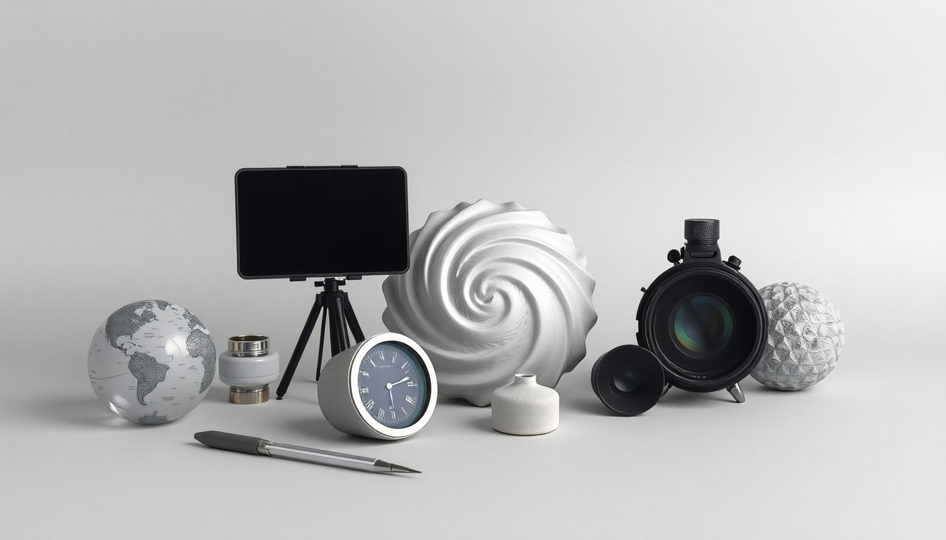 A minimalist studio still life photograph featuring a collection of premium, polished objects arranged elegantly on a clean, monochromatic background, symbolizing the abstract concepts of weather forecasting, hurricane preparedness, and community resilience.