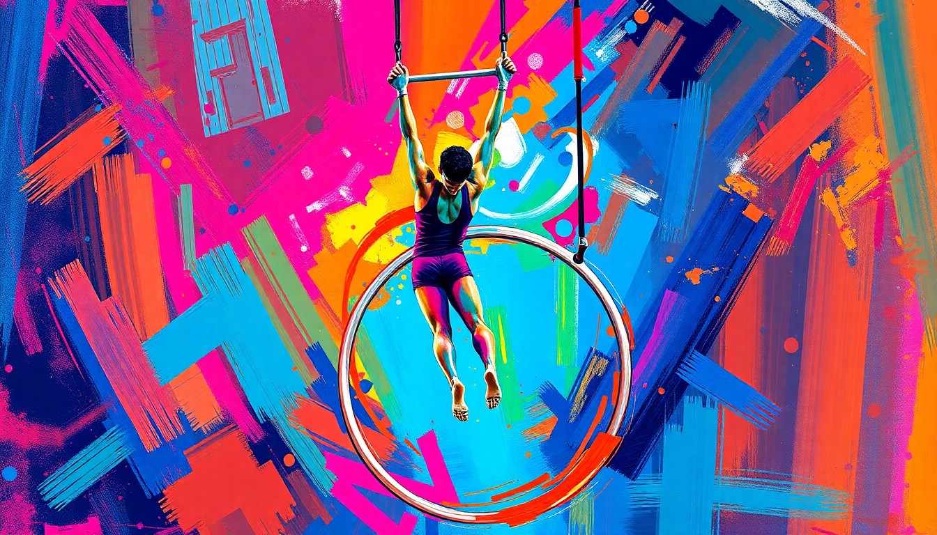 An abstract, expressionist painting in vibrant neon colors, capturing the dynamic motion and raw power of a gymnast performing on the rings, with the rings themselves as the focal point of the composition.