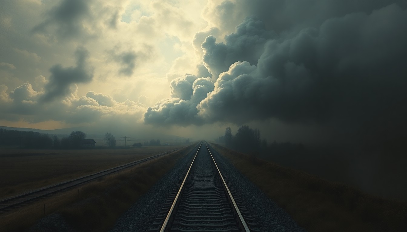A sweeping, atmospheric landscape painting in muted earth tones, with heavy smoke obscuring the details of the rural terrain and train tracks, conveying the overwhelming scale and power of the natural forces at play.