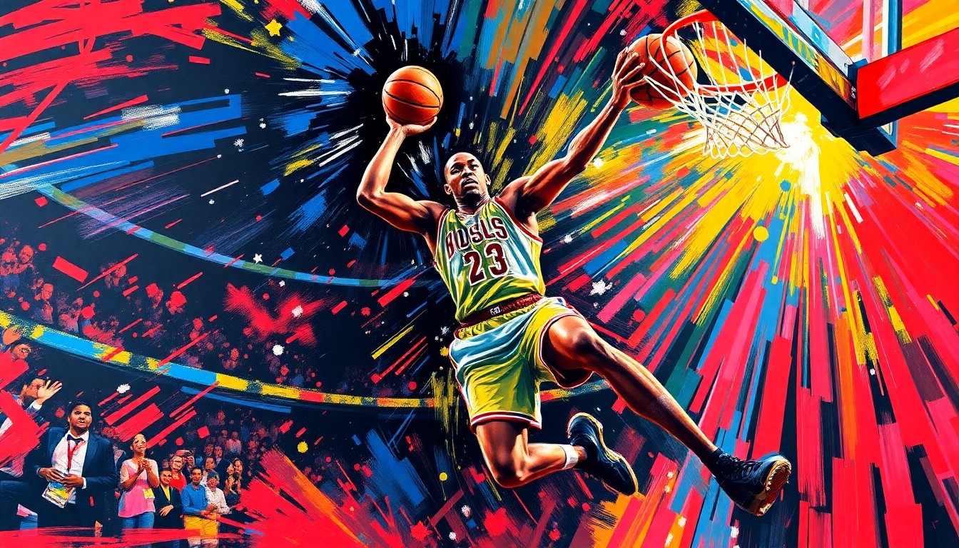 An abstract, energetic painting featuring bold, neon-colored brushstrokes that capture the dynamic movement and intensity of a basketball player driving to the hoop, conveying the excitement and anticipation of the upcoming playoff matchup.