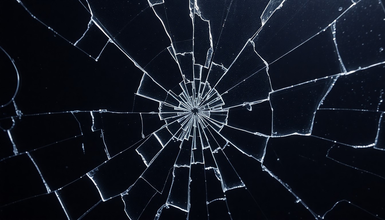 An extreme close-up of a cracked, shattered glass surface reflecting dramatic, high-contrast studio lighting, conceptually representing the fragility and tension of class divisions explored in the Netflix series Beef.