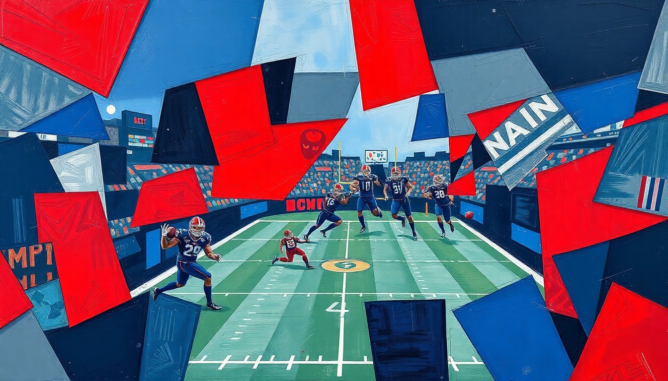 A fragmented, cubist-style painting depicting a football game, with the players and field broken down into sharp, overlapping geometric shapes in shades of navy, red, and grey, conveying the strategic complexity and physicality of the sport.