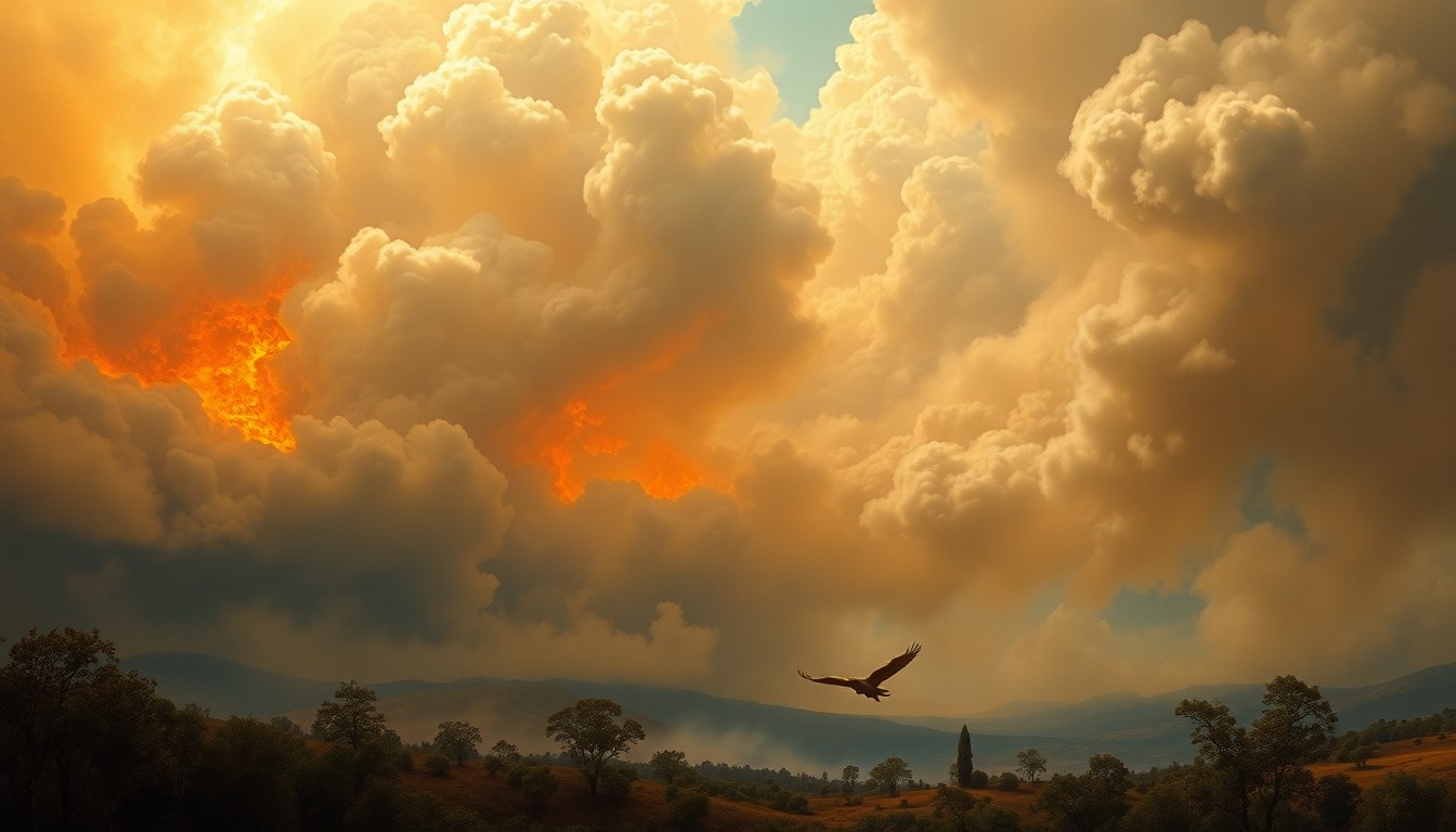 A sweeping, atmospheric landscape painting depicting a massive brush fire in the distance, with billowing smoke and flames obscuring the horizon and dwarfing any visible structures or animals.