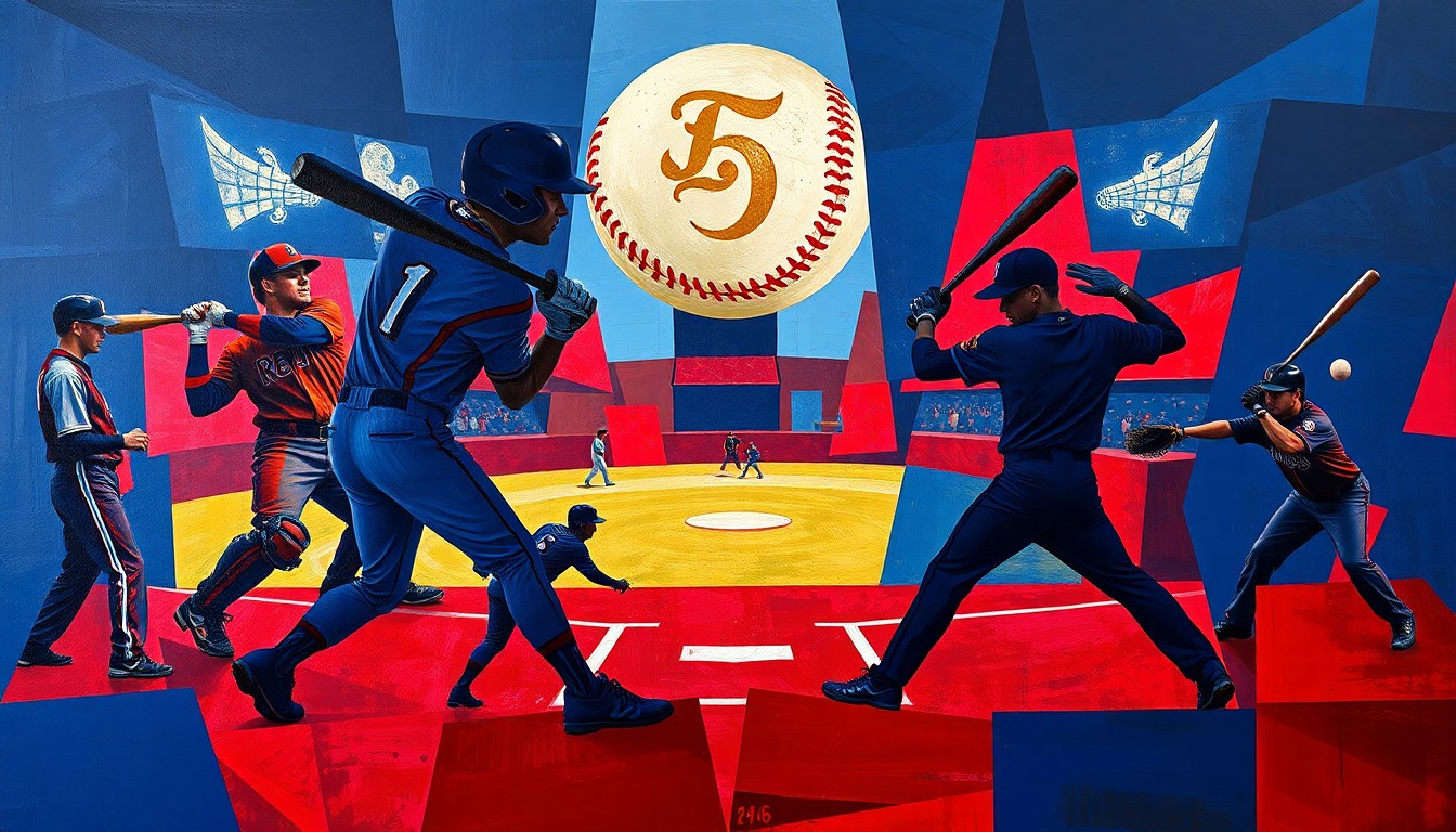 A fractured, multi-perspective painting featuring the silhouettes of baseball players in various poses, with the ball and field elements deconstructed into bold, angular shapes in a color palette of navy blue, crimson red, and metallic gold.