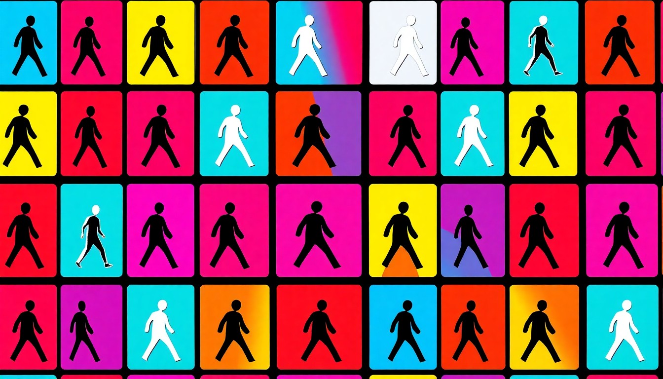 A repeating grid of stylized pedestrian crossing signs in vibrant neon colors, conceptually illustrating the city's efforts to prioritize walkability and protect vulnerable road users.