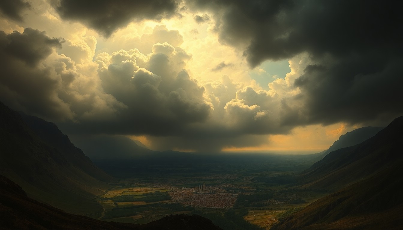 A sweeping, atmospheric landscape painting depicting a small city or town in the distance, dwarfed by a massive, looming storm system of dark, ominous clouds filling the sky above.