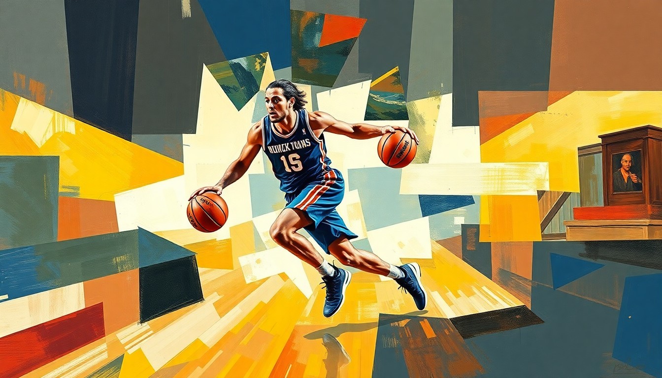 A fragmented, geometric painting depicting the motion of a basketball player, the figure broken down into sharp, overlapping planes of color and form.