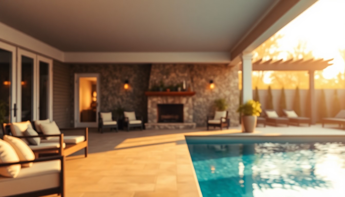 An extremely abstracted, out-of-focus photograph shot through condensation or rain-streaked glass, composed of soft pools of warm color and light depicting a luxurious outdoor living space with a covered porch, fireplace, and glimpses of a sparkling pool.